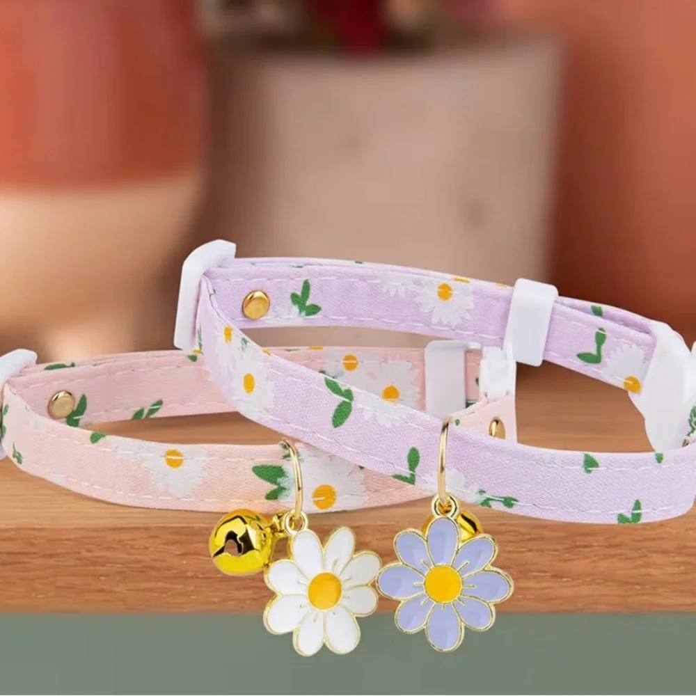 2~Cotton Breakaway Cat Collar with Bell Pink&Purple Flowers Pendant Cute kitten